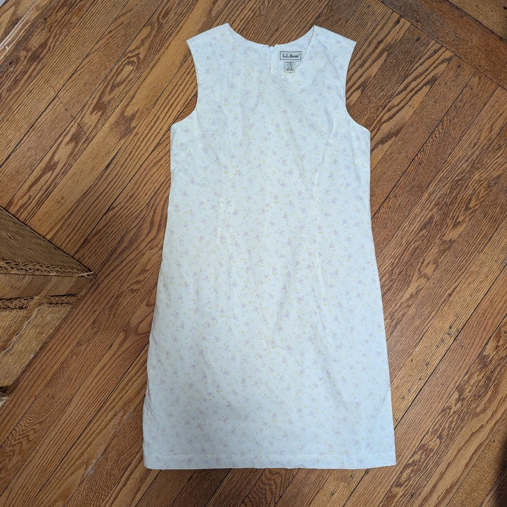 L.L. Bean White Sleeveless Dress with Pastel Floral Print